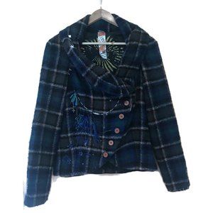 Desigual Plaid Wool Jacket Blue Green Size 10